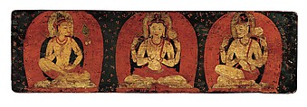 Pair of Manuscript Covers with Three Deities and Three Hierarchs, Distemper and gold on wood, Tibet
